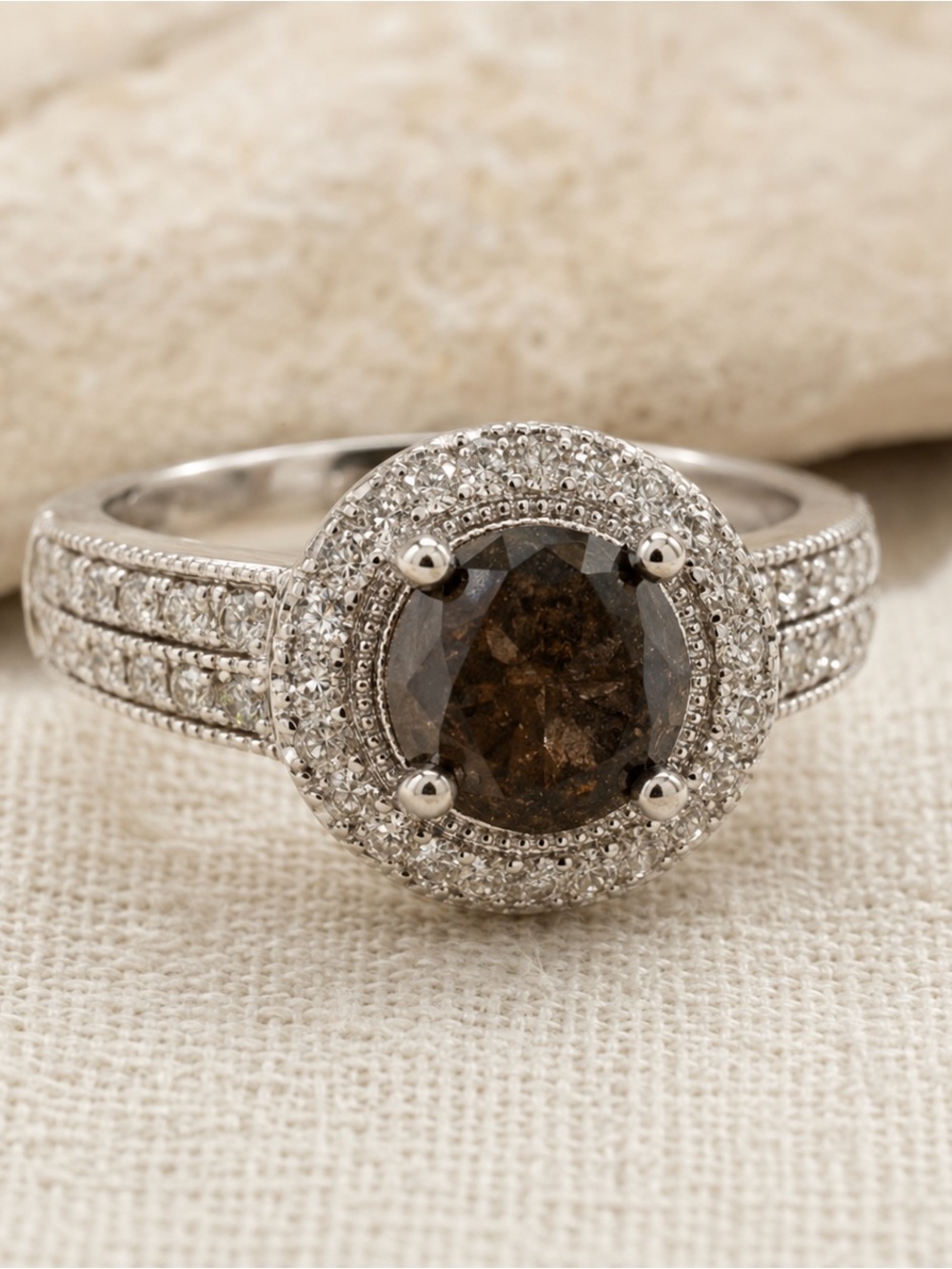 Natural Chocolate Brown Diamond Halo Ring Sterling Silver 2.00 CTTW